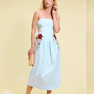 Fanm Mon Embroidered Blue Sundress Midi Dress XS Cotton Cottage Designer $379
